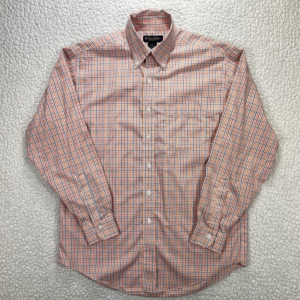 Brooks Brothers Button Down Shirt Men's M Orange Check‎ Business Casual Preppy